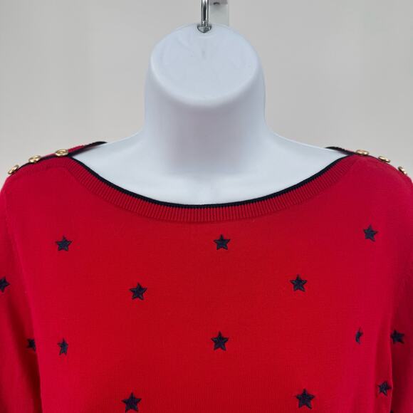Talbots Petites Red Sweater Womens MP Embroidery Stars Button Shoulder Detail - Picture 8 of 9